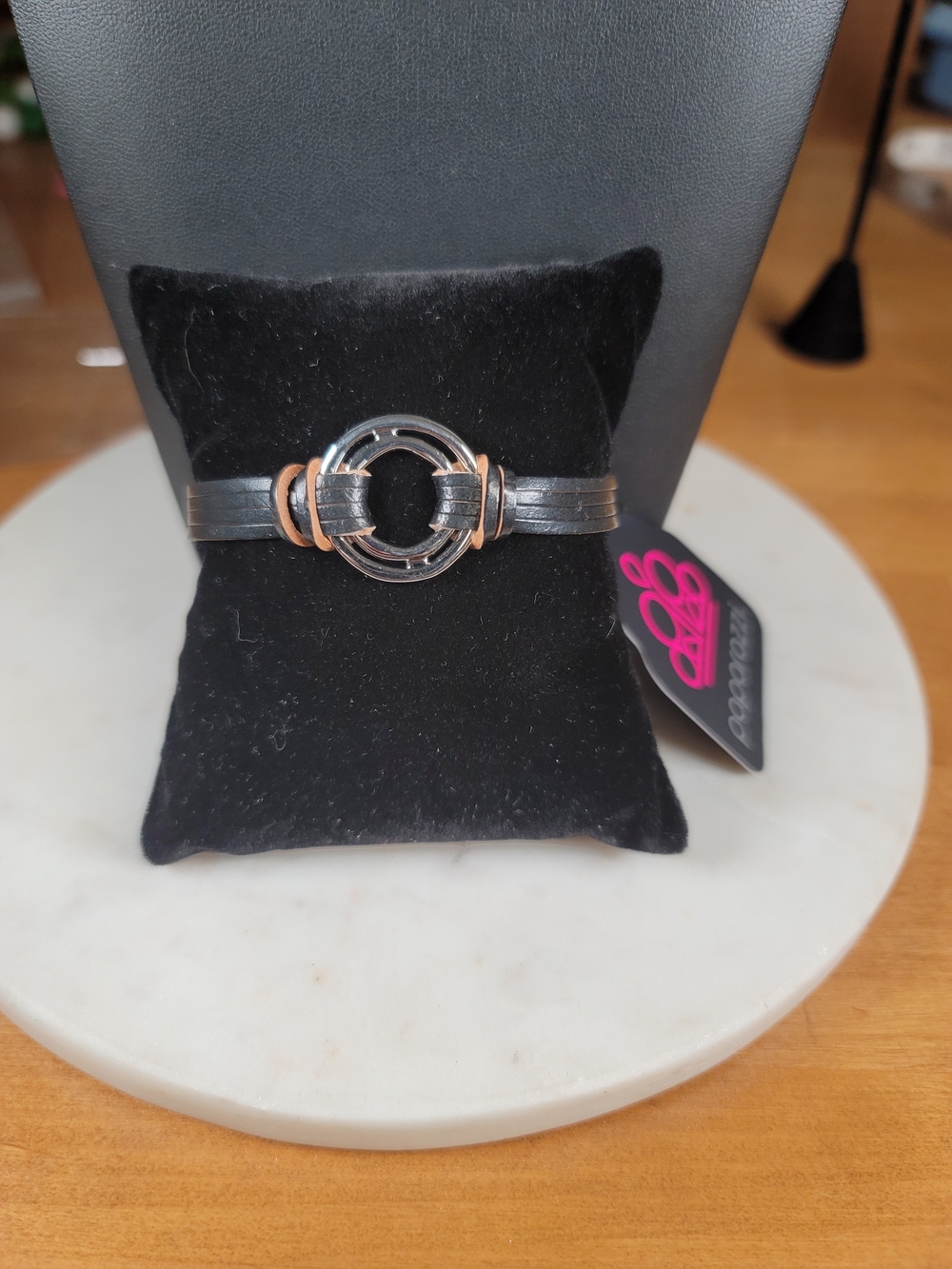 paparazzi Black and Silver Circular Leather Magnetic Bracelet
